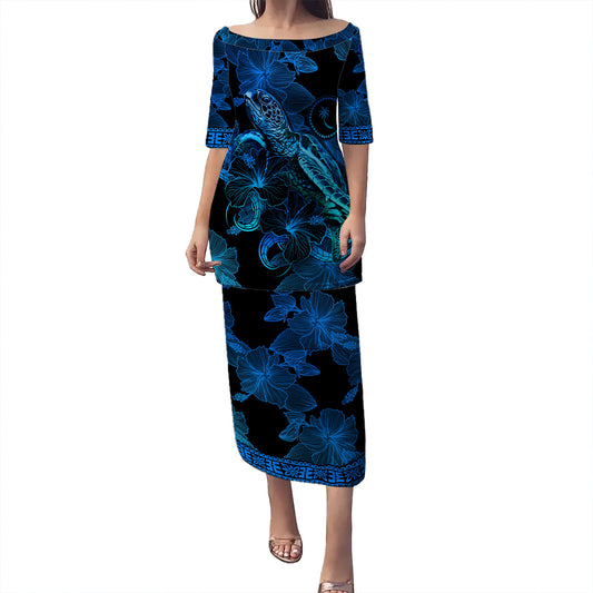 Chuuk State Puletasi Sea Turtle With Blooming Hibiscus Flowers Tribal Blue