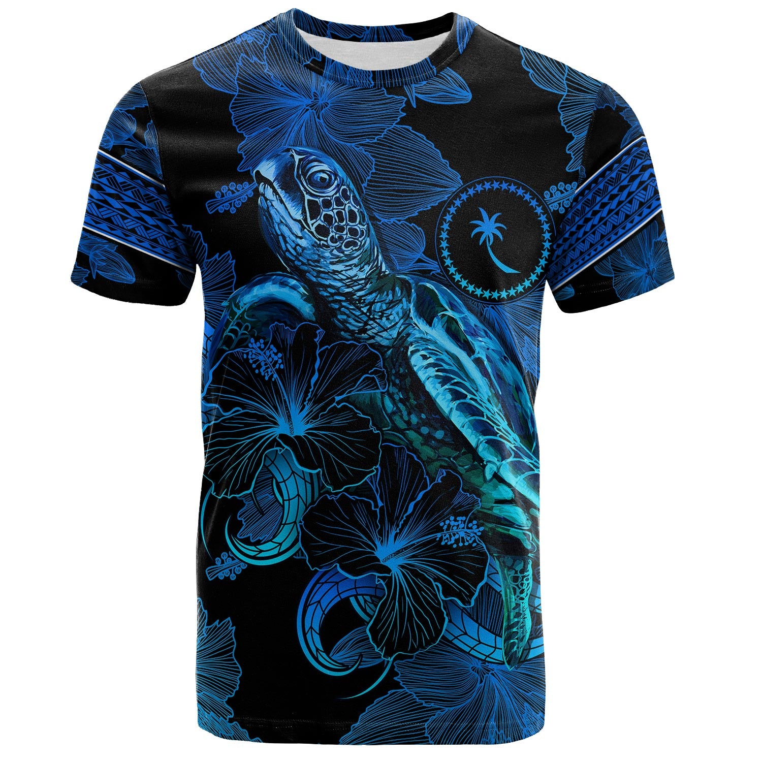 Chuuk State T-Shirt Sea Turtle With Blooming Hibiscus Flowers Tribal Blue