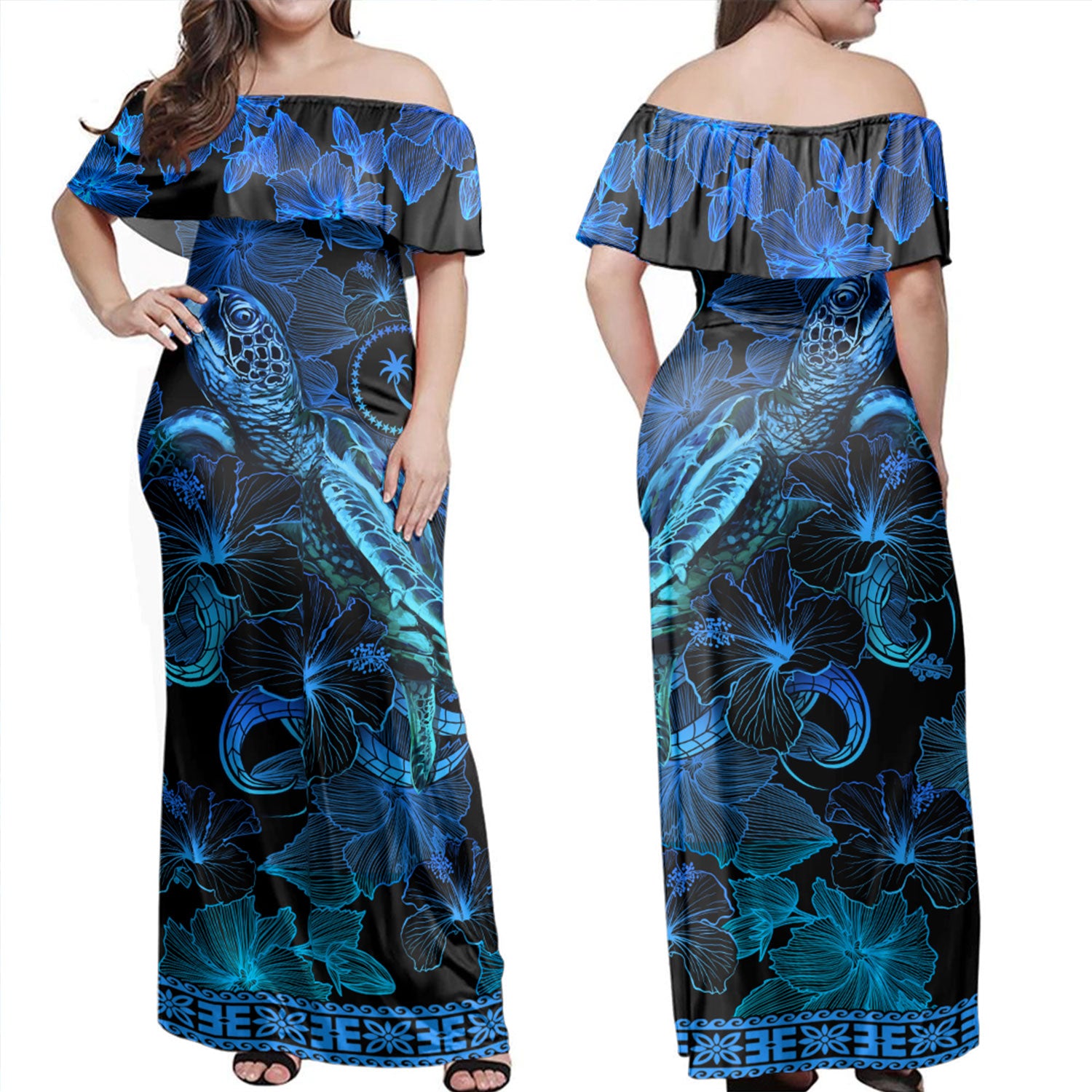 Chuuk State Off Shoulder Long Dress Sea Turtle With Blooming Hibiscus Flowers Tribal Blue