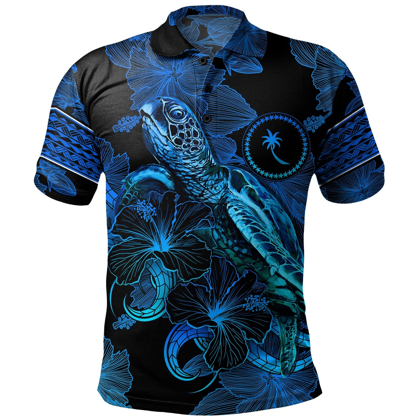 Chuuk State Polo Shirt Sea Turtle With Blooming Hibiscus Flowers Tribal Blue