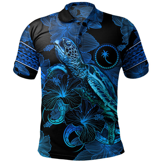 Chuuk State Polo Shirt Sea Turtle With Blooming Hibiscus Flowers Tribal Blue