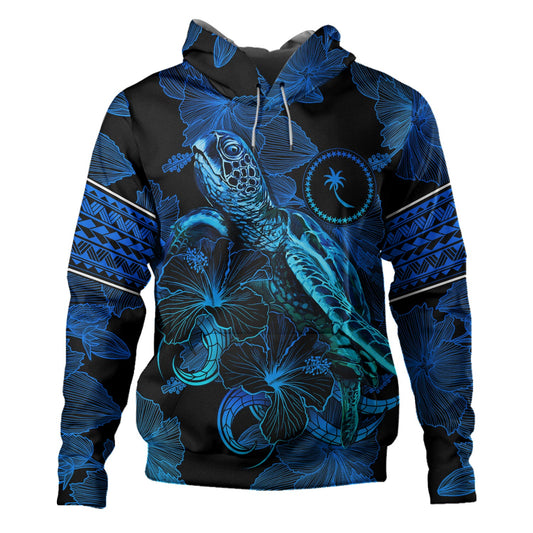 Chuuk State Hoodie Sea Turtle With Blooming Hibiscus Flowers Tribal Blue