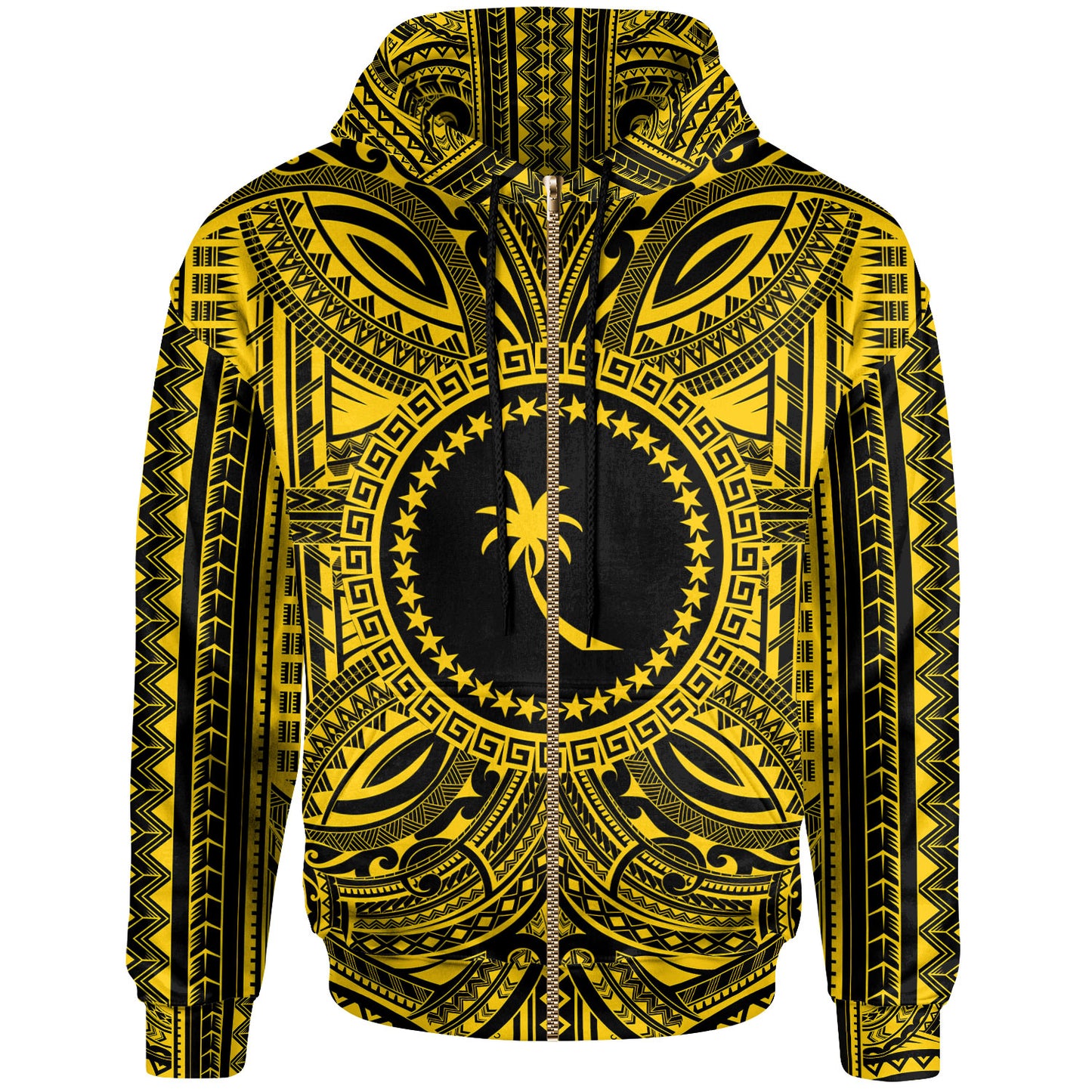 Chuuk All Over Hoodie - Chuuk Coat Of Arms Polynesian Gold Black
