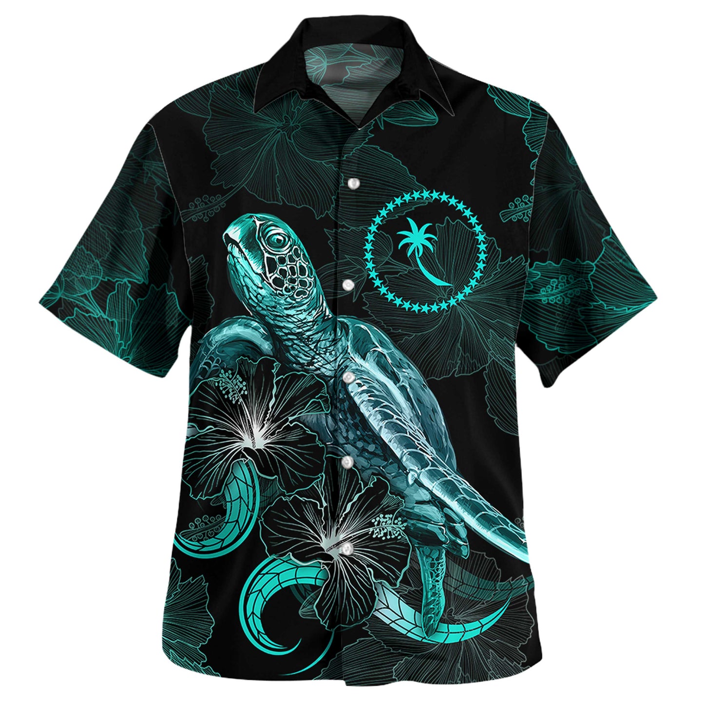 Chuuk Combo Dress And Shirt - Chuuk Pride With Polynesian Turtle Blooming Hibiscus Turquoise