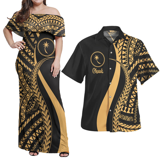 Chuuk Combo Dress And Shirt - Micronesian Tentacle Tribal Pattern Gold