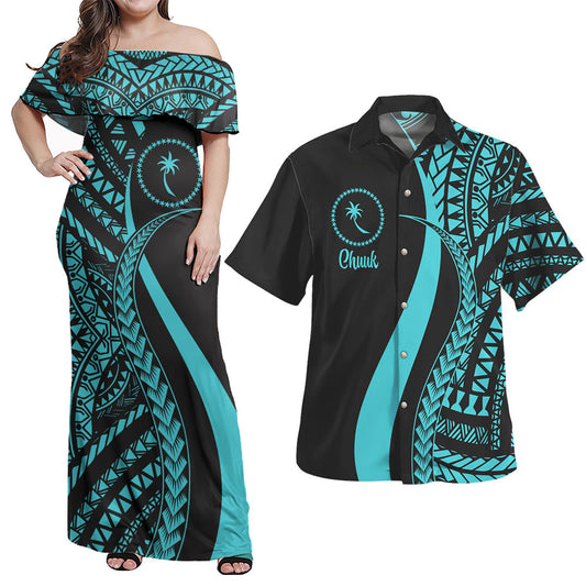 Chuuk Combo Dress And Shirt - Micronesian Tentacle Tribal Pattern Turquoise