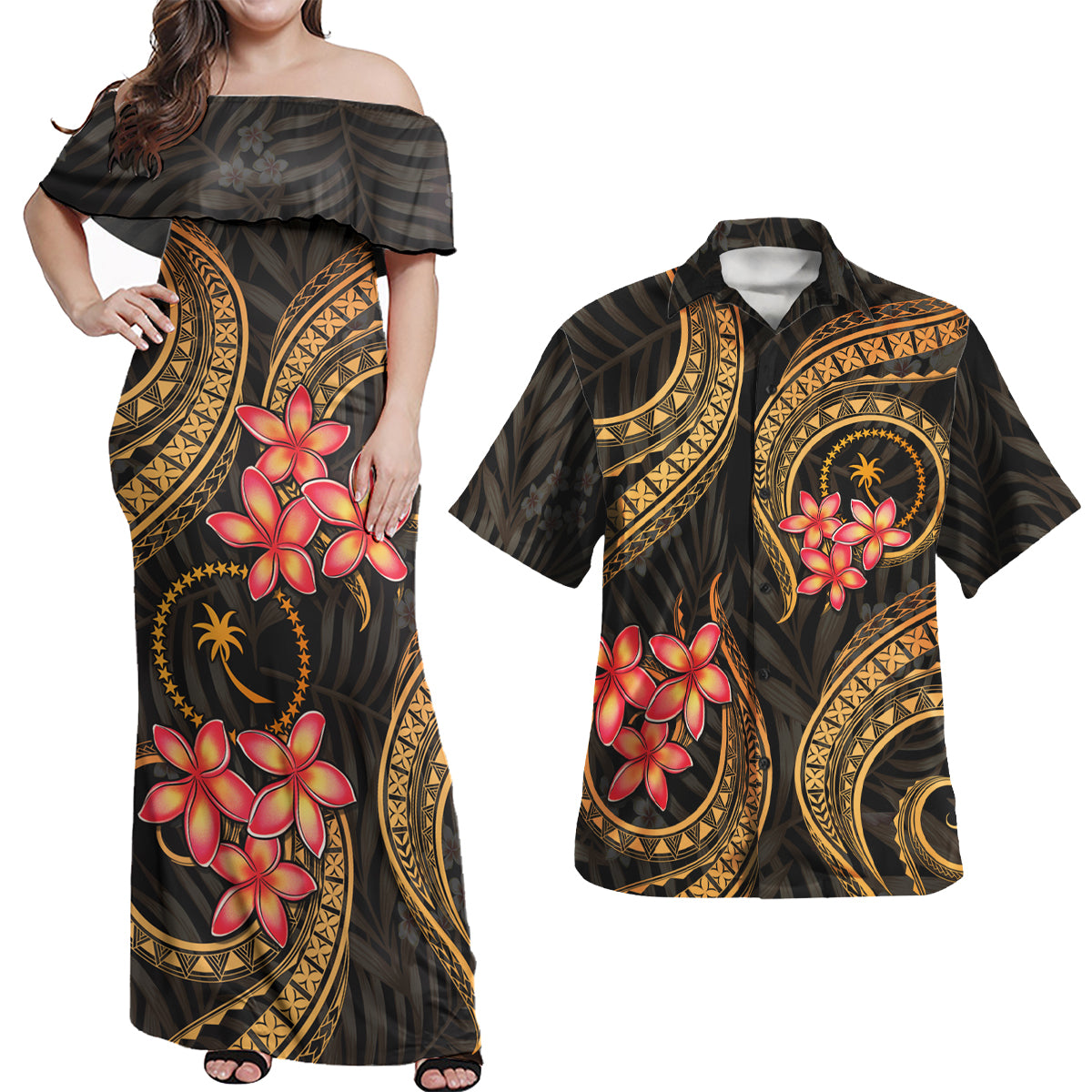 Chuuk Polynesian Pattern Combo Dress And Shirt Gold Plumeria
