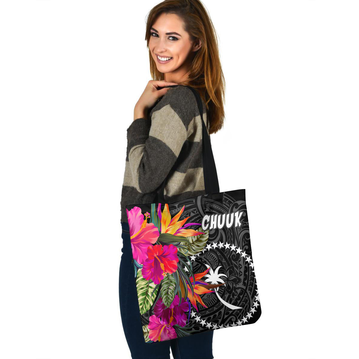 Chuuk Custom Personalised Tote Bag Polynesian Hibiscus Pattern