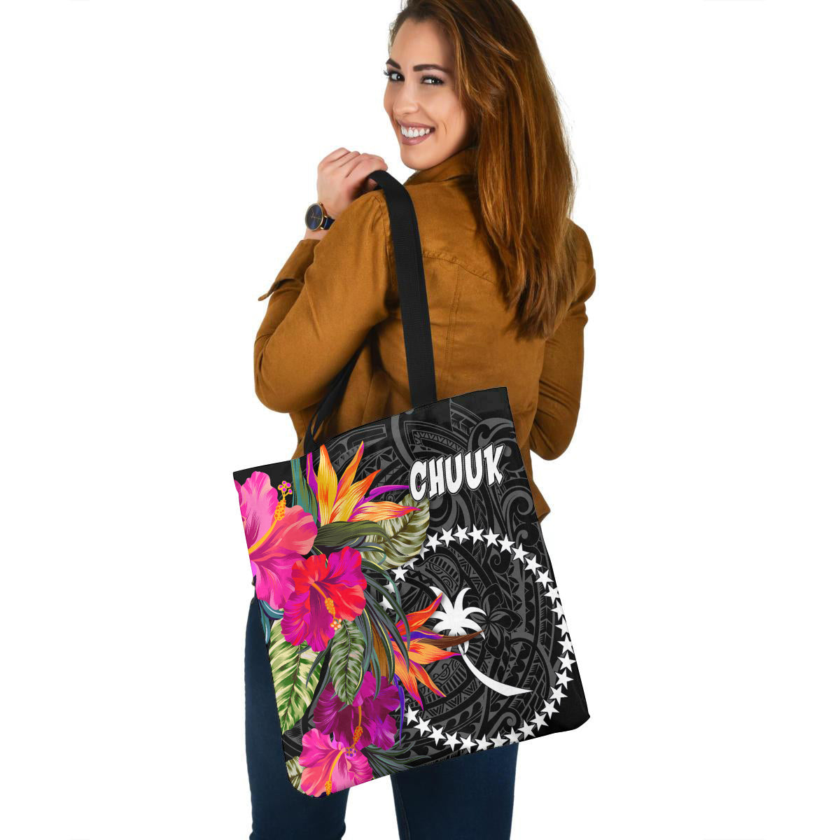 Chuuk Custom Personalised Tote Bag Polynesian Hibiscus Pattern