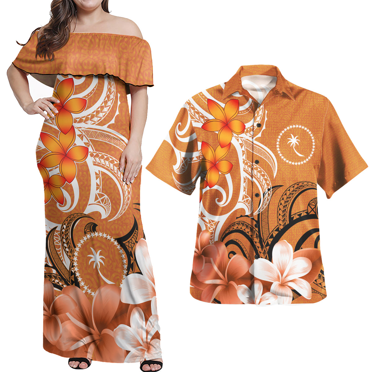 Chuuk Polynesian Pattern Combo Dress And Shirt - Floral Spirit Orange