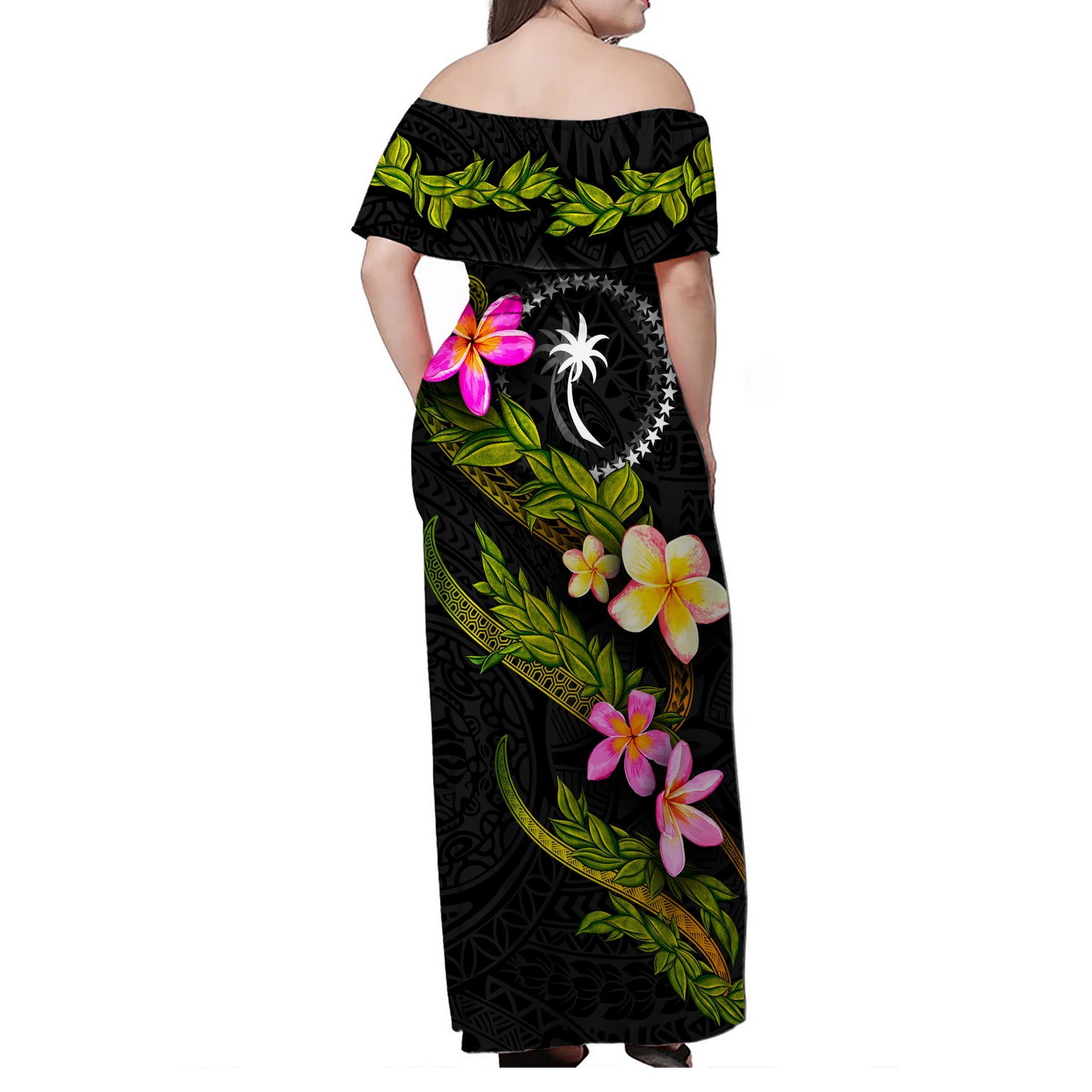 Chuuk State Women Off Shoulder Long Dress - Plumeria Tribal