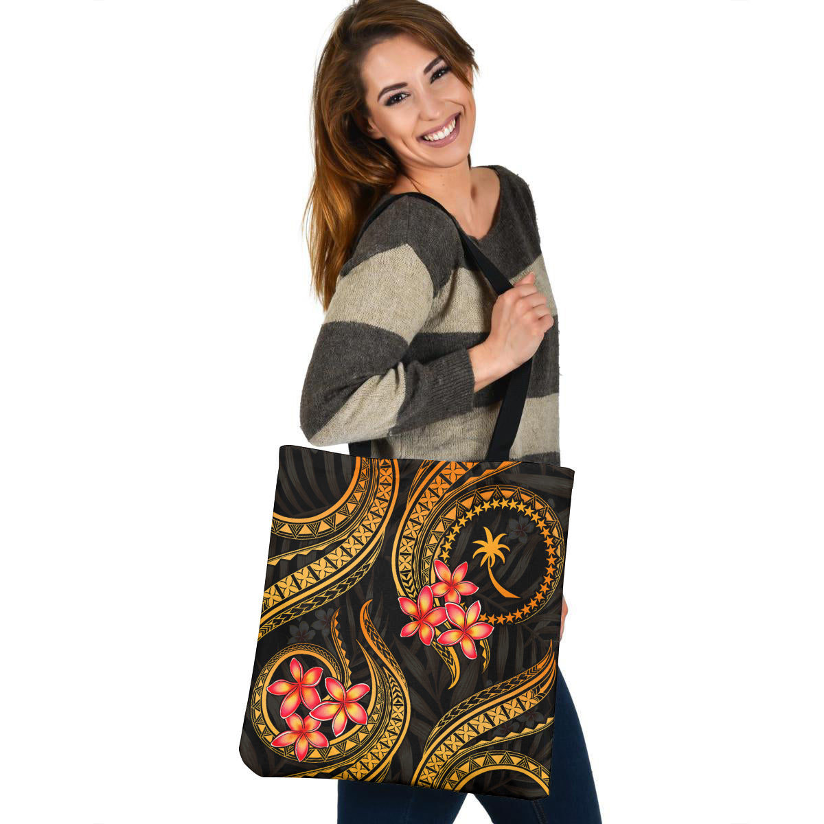Chuuk Tote Bag Gold Polynesian Pattern Plumeria