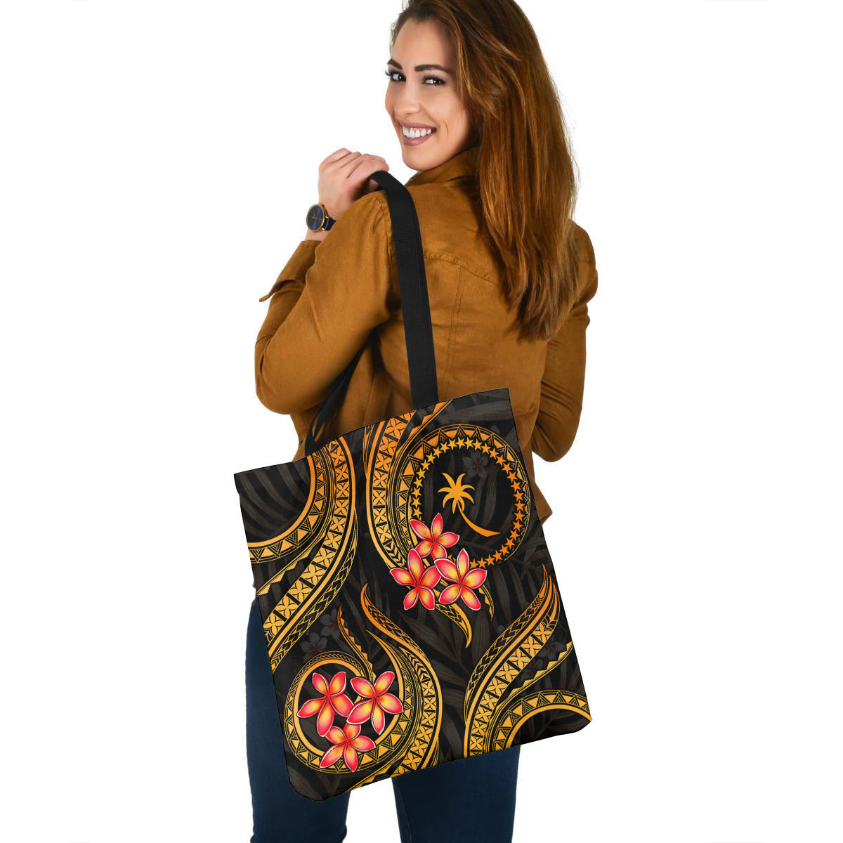 Chuuk Tote Bag Gold Polynesian Pattern Plumeria