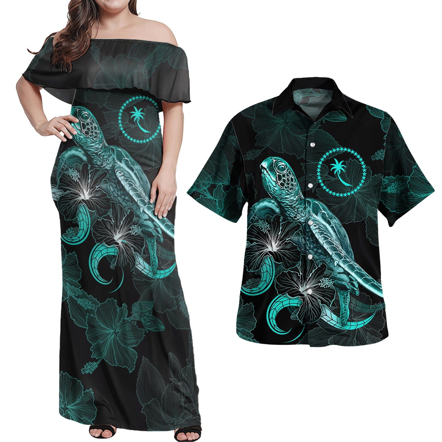 Chuuk Combo Dress And Shirt - Chuuk Pride With Polynesian Turtle Blooming Hibiscus Turquoise
