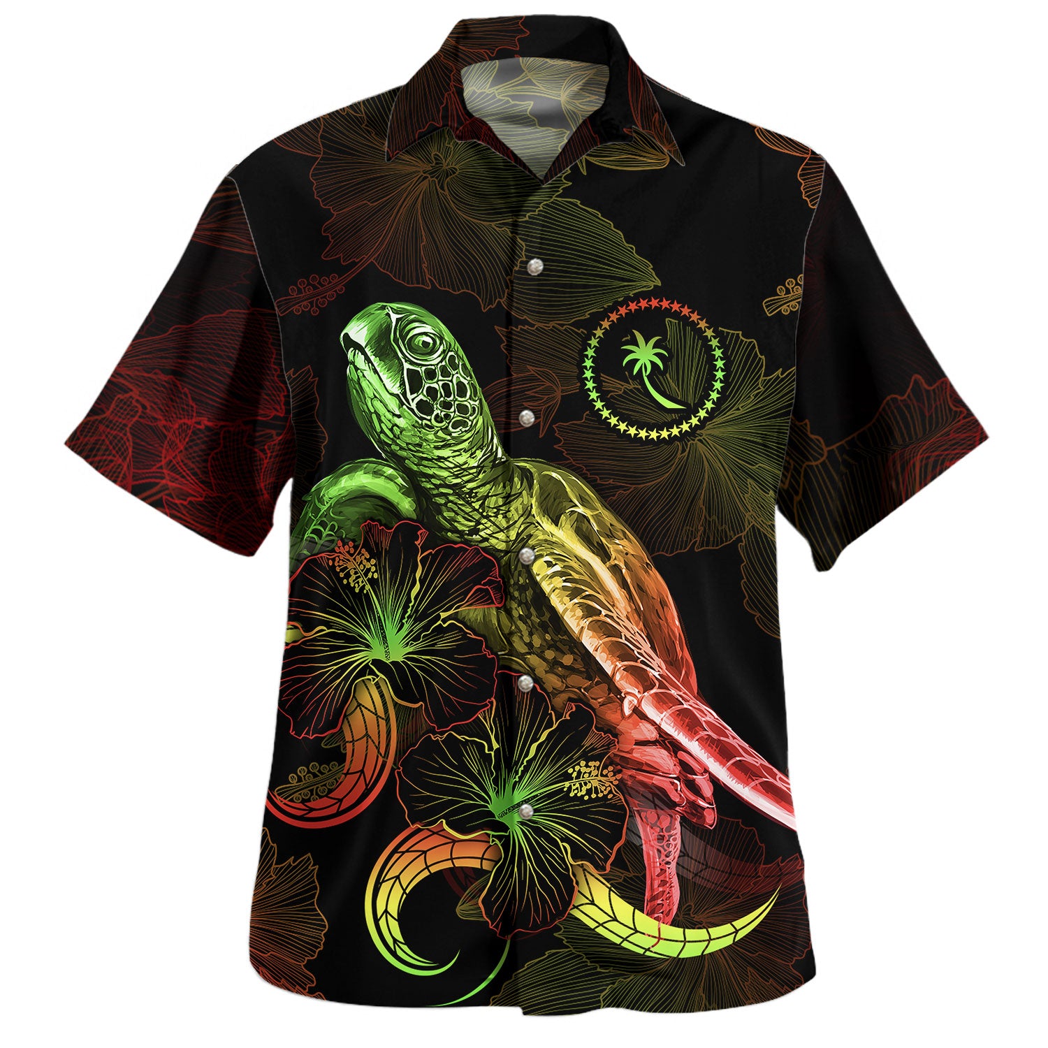 Kosrae Hawaiian Shirt Sea Turtle With Blooming Hibiscus Flowers Reggae