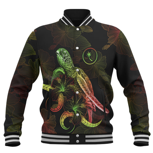 Chuuk State Baseball Jacket Sea Turtle With Blooming Hibiscus Flowers Reggae