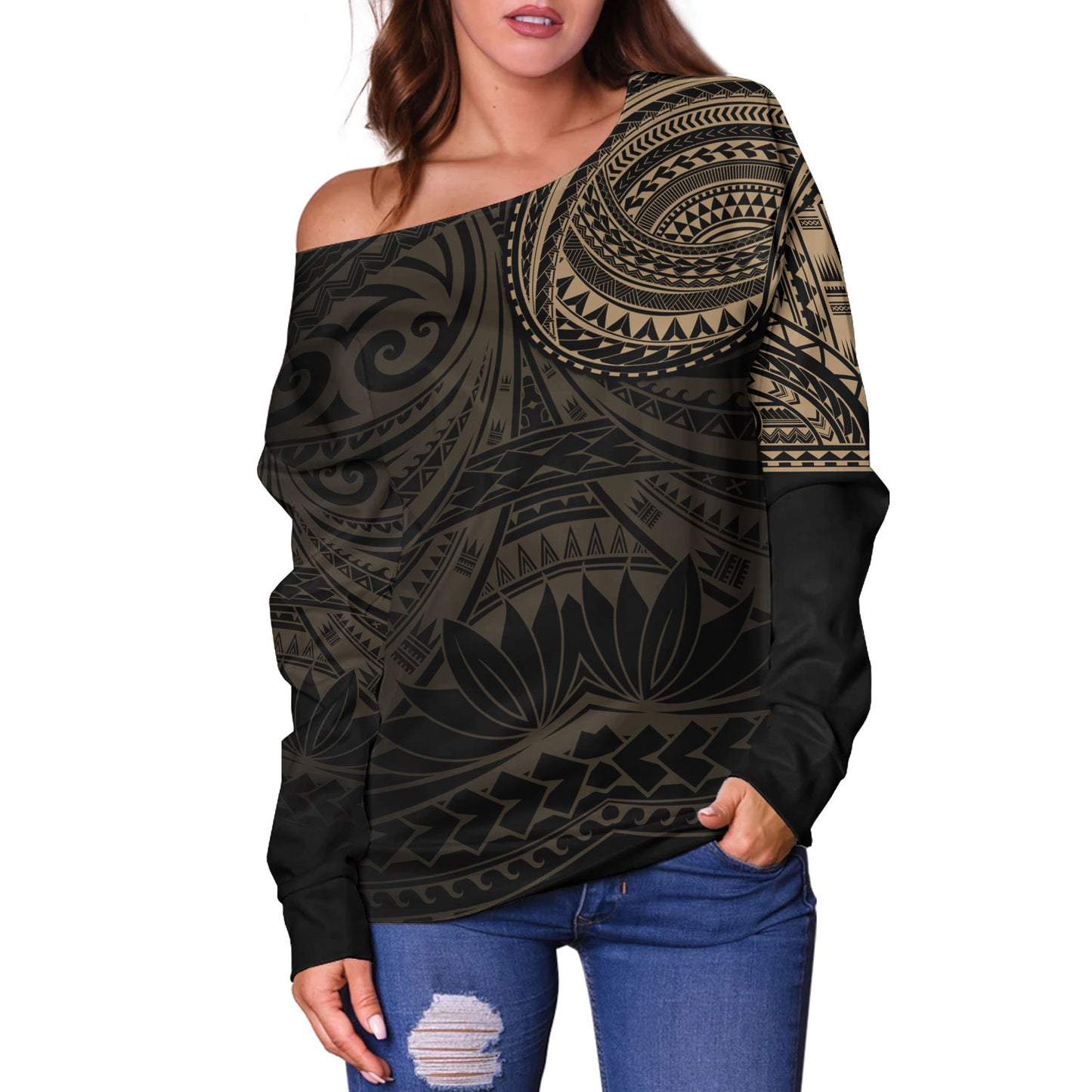 Polynesian Off Shoulder Sweatshirt Polynesian Pattern Special Design