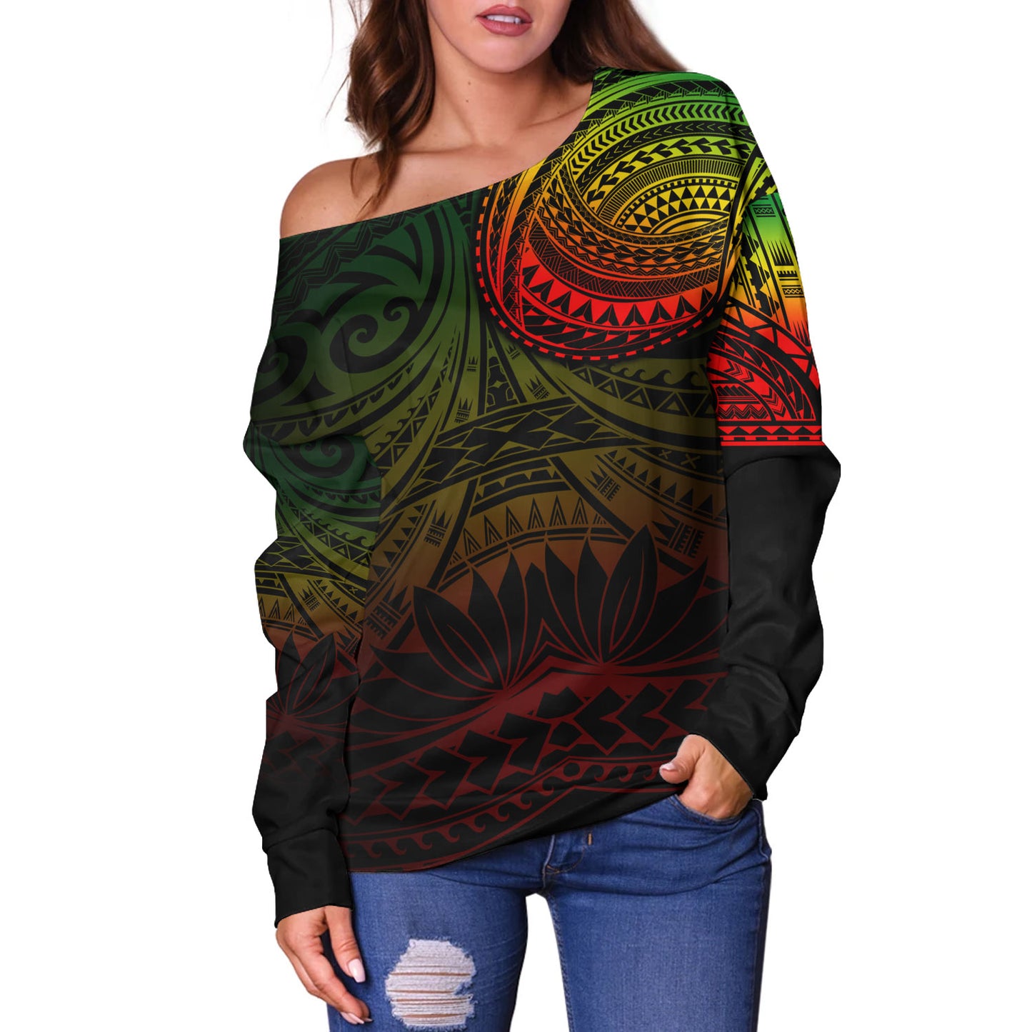 Polynesian Off Shoulder Sweatshirt Polynesian Pattern Special Design
