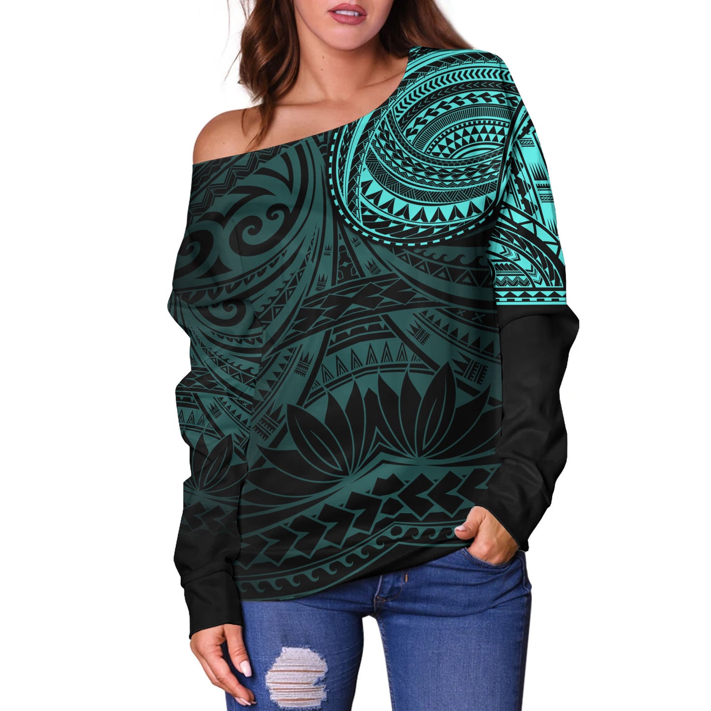 Polynesian Off Shoulder Sweatshirt Polynesian Pattern Special Design