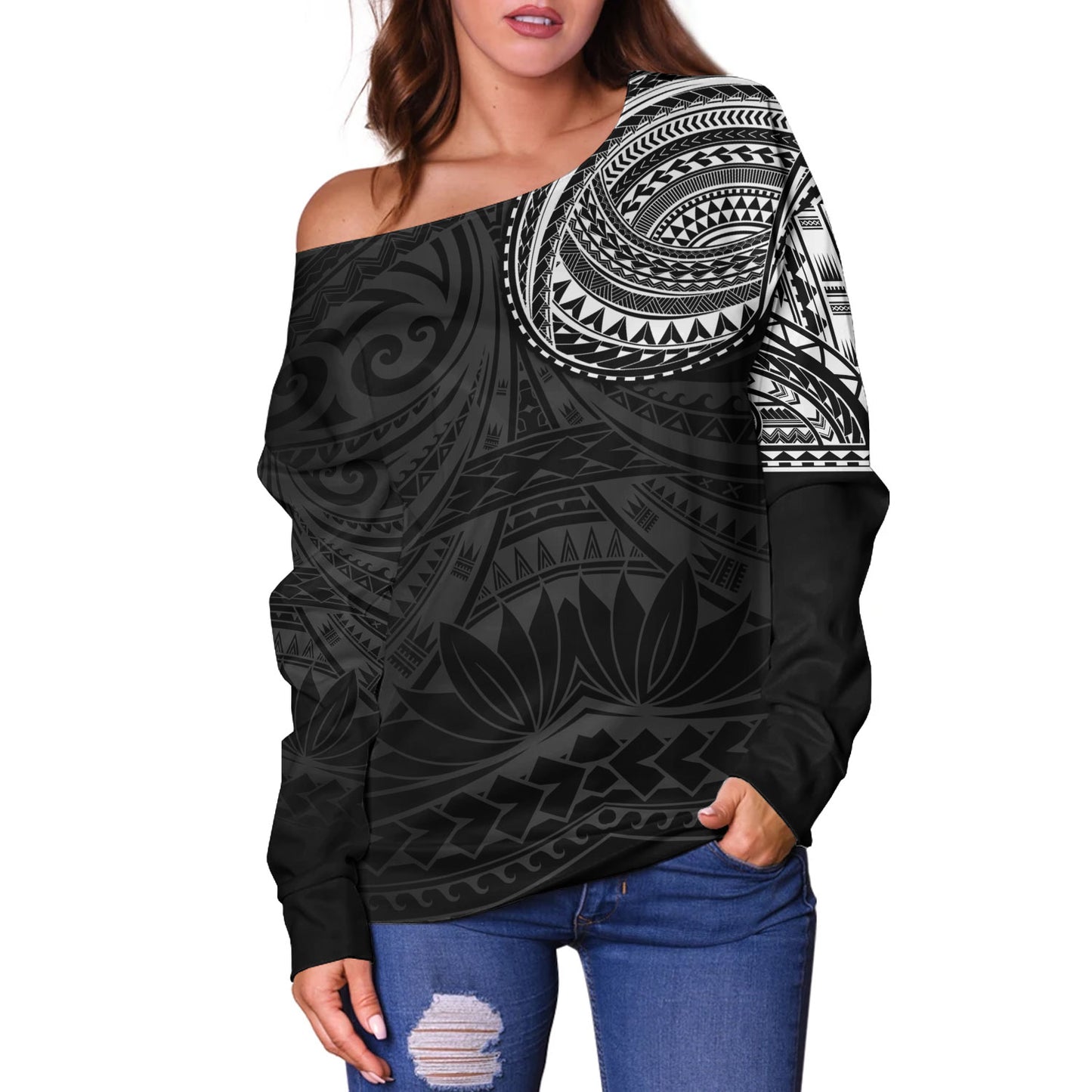 Polynesian Off Shoulder Sweatshirt Polynesian Pattern Special Design