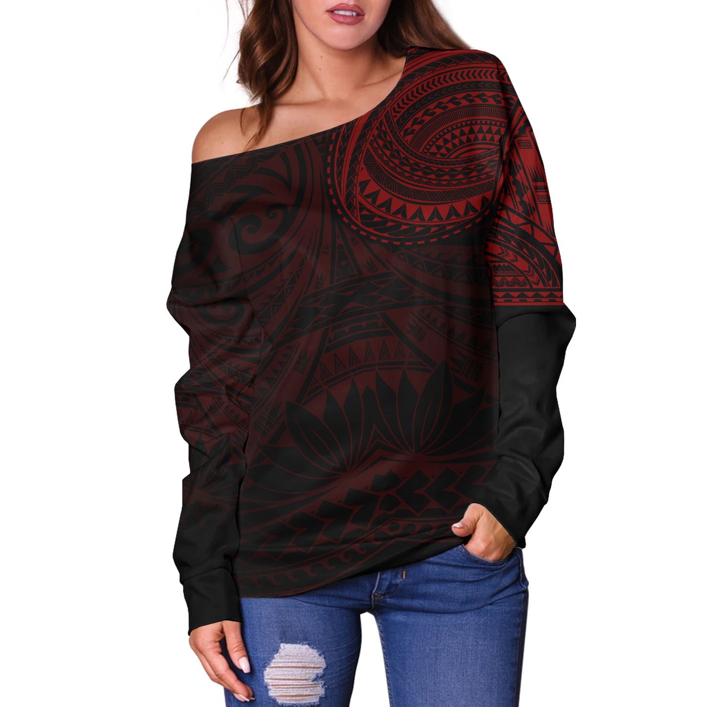 Polynesian Off Shoulder Sweatshirt Polynesian Pattern Special Design