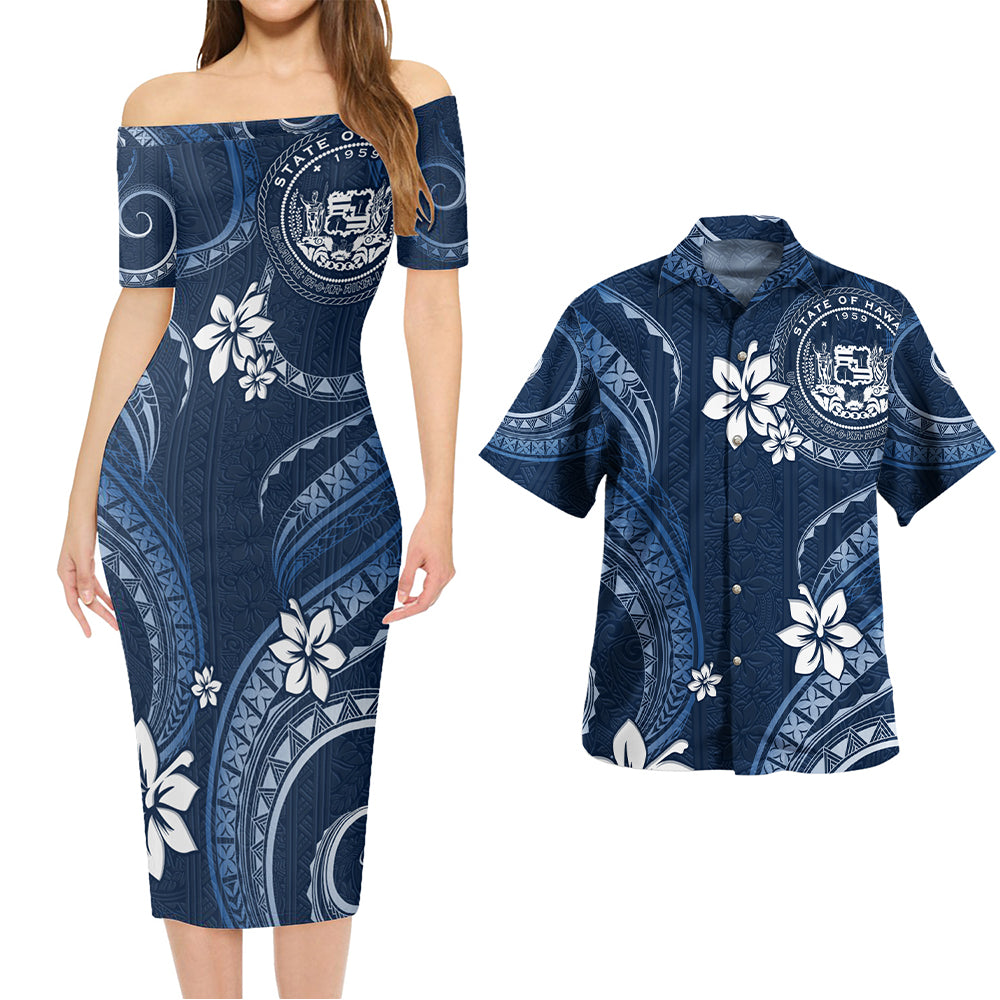 Hawaii Combo Short Sleeve Dress And Shirt White Hibiscus Blue Tribal Pattern