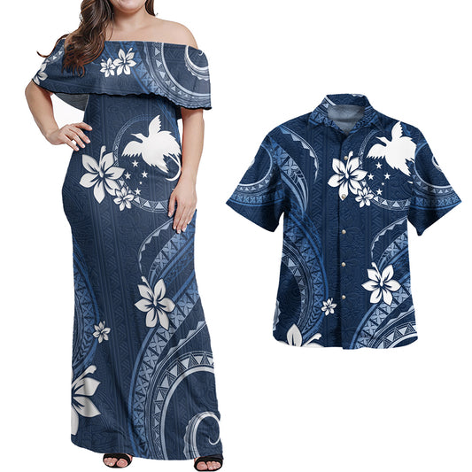 Papua New Guinea Combo Off Shoulder Long Dress And Shirt White Hibiscus Blue Pattern