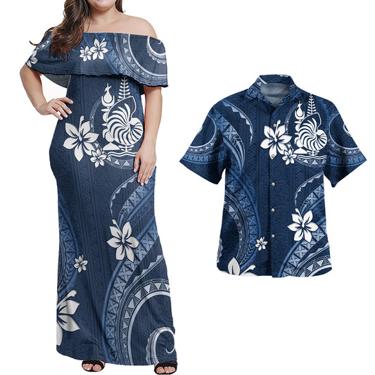 New Caledonia Combo Off Shoulder Long Dress And Shirt White Hibiscus Blue Pattern