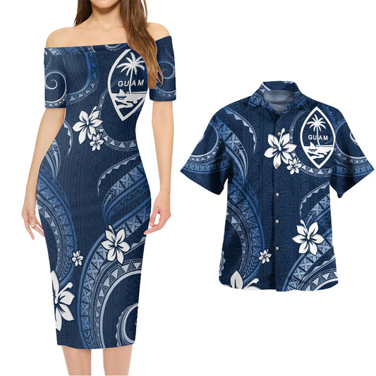 Guam Combo Short Sleeve Dress And Shirt White Hibiscus Blue Tribal Pattern