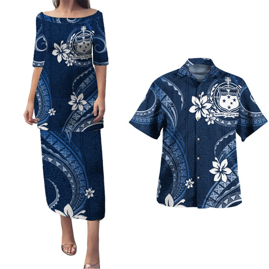 Samoa Combo Puletasi And Shirt White Hibiscus Blue Tribal Pattern