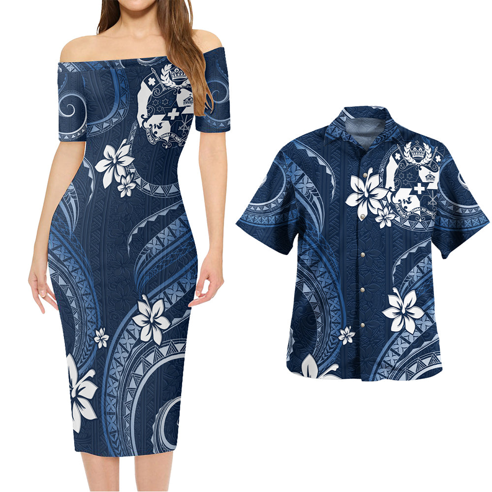 Tonga Combo Short Sleeve Dress And Shirt White Hibiscus Blue Tribal Pattern
