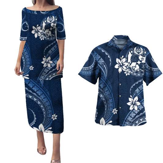 Tonga Combo Puletasi And Shirt White Hibiscus Blue Tribal Pattern
