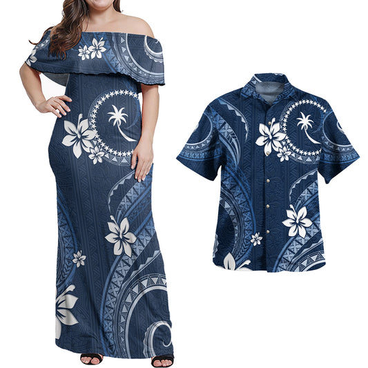 Chuuk State Combo Off Shoulder Long Dress And Shirt White Hibiscus Blue Pattern