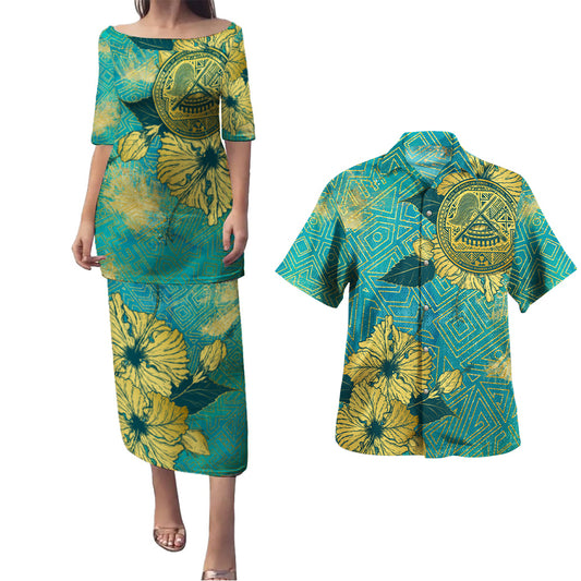 American Samoa Combo Puletasi And Shirt Golden Hibiscus Turquoise Color Tribal Pattern