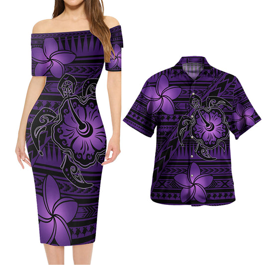 Hawaii Combo Short Sleeve Dress And Shirt Hibiscus Turle With Plumeria Flowers