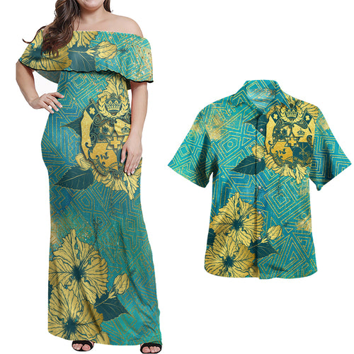 Tonga Combo Off Shoulder Long Dress And Shirt Golden Hibiscus Turquoise Color Tribal Pattern