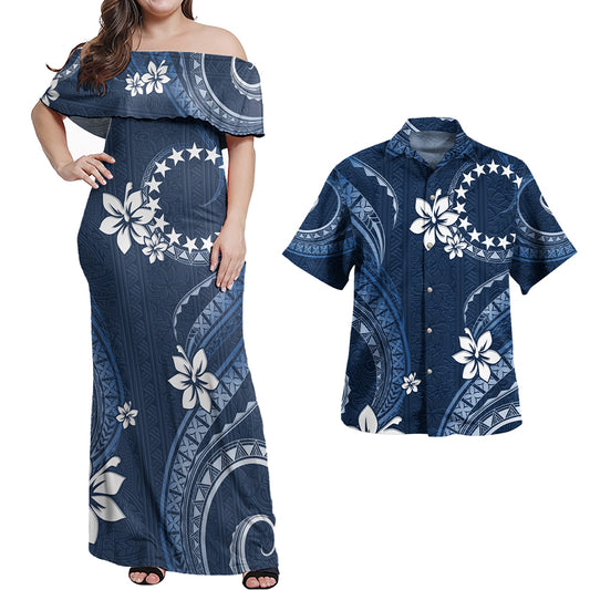 Cook Islands Combo Off Shoulder Long Dress And Shirt White Hibiscus Blue Pattern