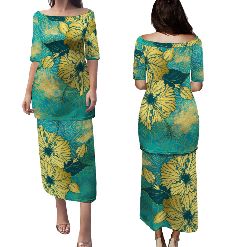 Hawaii Combo Puletasi And Shirt Golden Hibiscus Turquoise Color