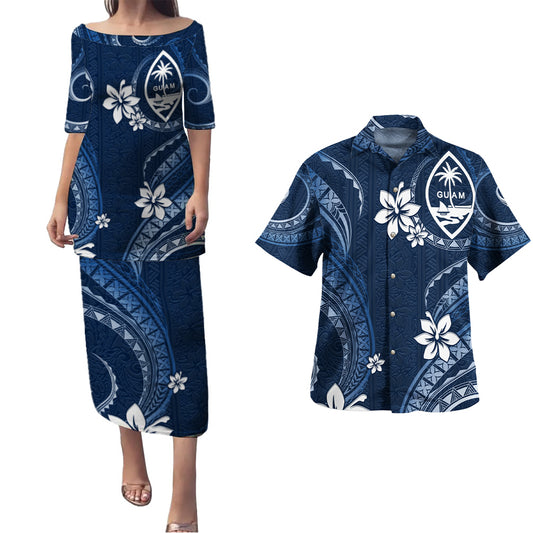 Guam Combo Puletasi And Shirt White Hibiscus Blue Tribal Pattern
