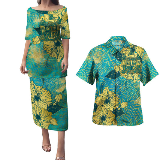 Fiji Combo Puletasi And Shirt Golden Hibiscus Turquoise Color Tribal Pattern