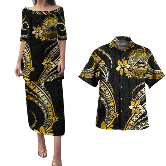 American Samoa Combo Puletasi And Shirt Golden Polynesian Pattern