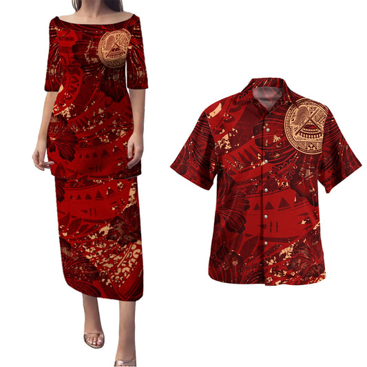 American Samoa Combo Puletasi And Shirt Hibiscus With Polynesian Pattern Red Version