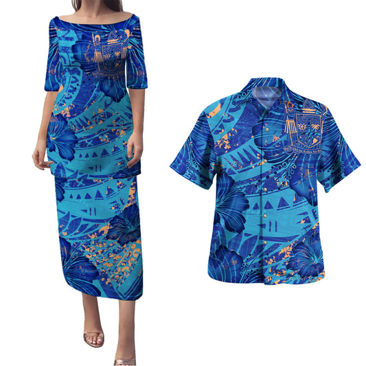 Fiji Combo Puletasi And Shirt Hibiscus With Polynesian Pattern Blue Version