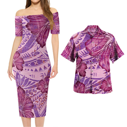 Hawaii Combo Short Sleeve Dress And Shirt Purple Hibiscus With Polynesian Pattern