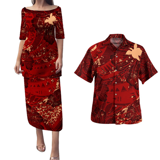 Papua New Guinea Combo Puletasi And Shirt Hibiscus With Polynesian Pattern Red Version