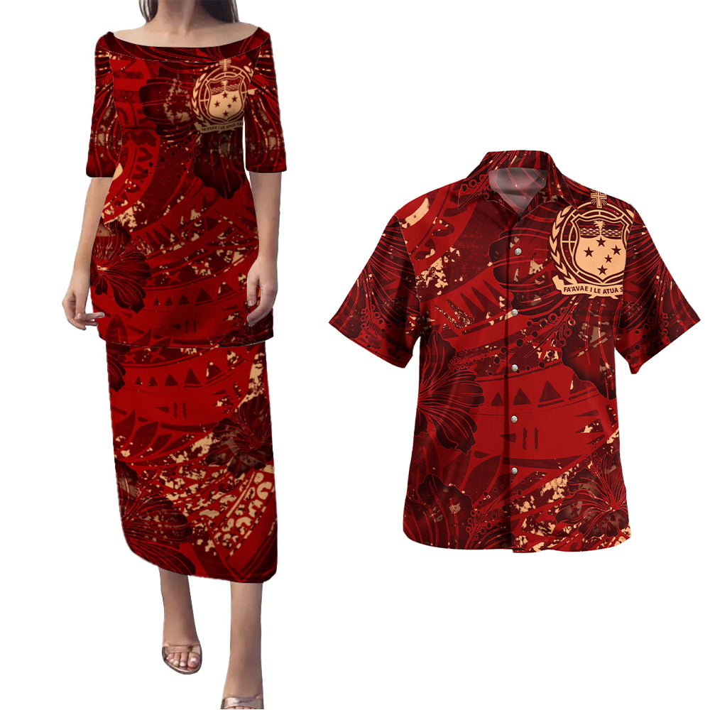 Samoa Combo Puletasi And Shirt Hibiscus With Polynesian Pattern Red Version