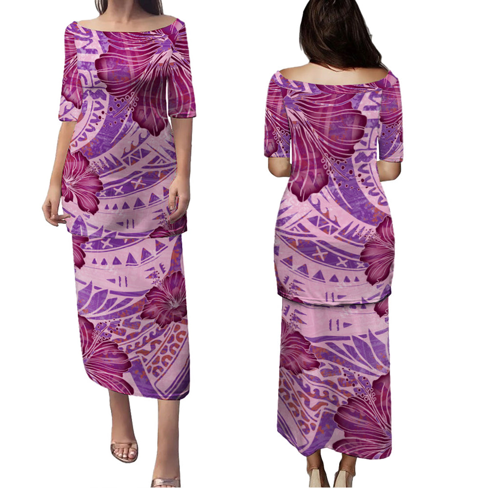 Hawaii Combo Puletasi And Shirt Purple Hibiscus With Polynesian Pattern