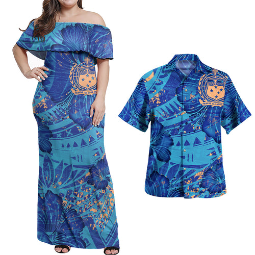 Samoa Combo Off Shoulder Long Dress And Shirt Hibiscus With Polynesian Pattern Blue Version