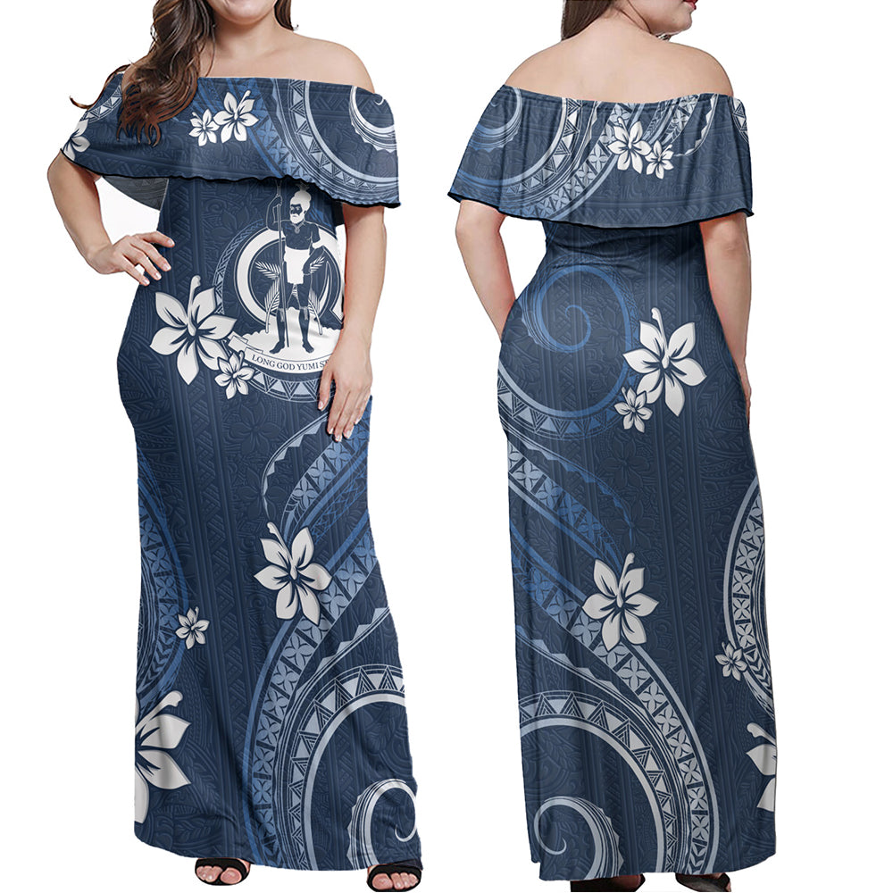 Vanuatu Combo Off Shoulder Long Dress And Shirt White Hibiscus Blue Pattern