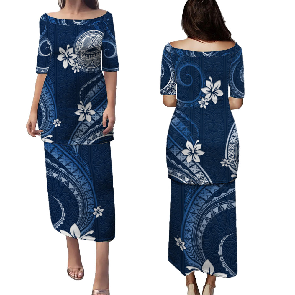 American Samoa Combo Puletasi And Shirt White Hibiscus Blue Tribal Pattern